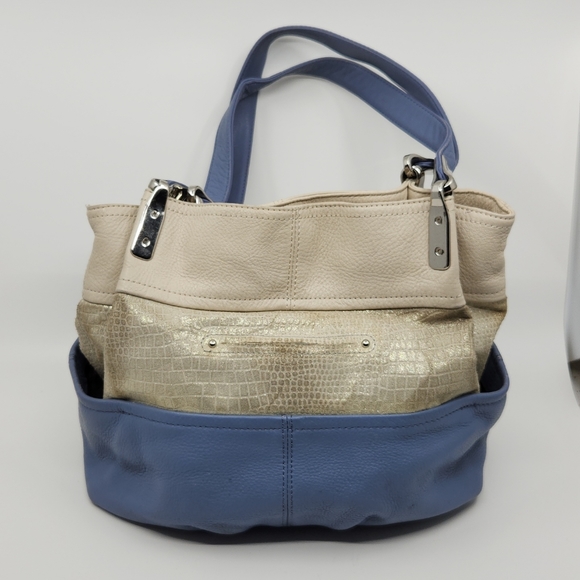 B Makowsky Silver Metallic Baby Blue Colorblock Leather Double Handle Shoulder B - Picture 3 of 16